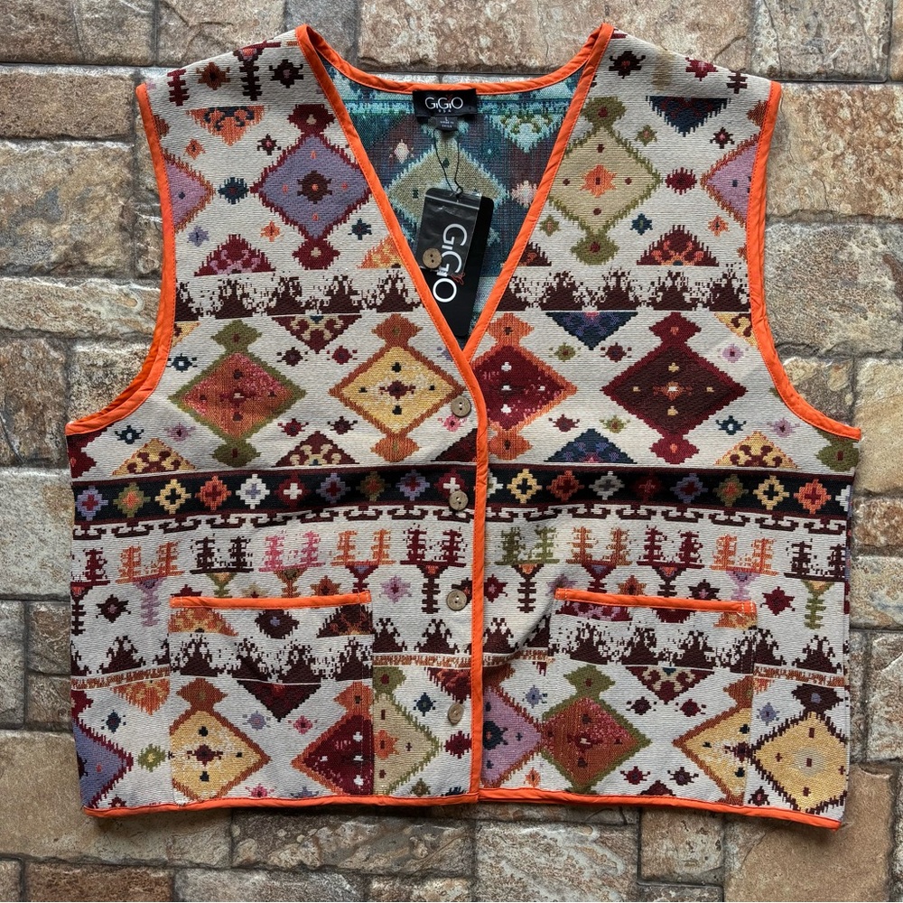 NWT Southwestern Boho Tapestry Vest Orange Trim Button Front L– Gigio
